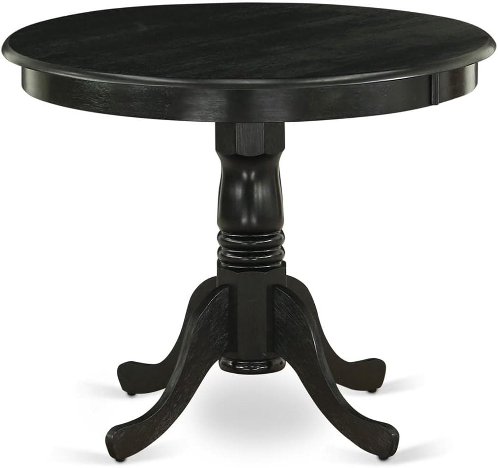 East West Furniture ANLA5-ABK-47 5 Piece Modern Dining Table Set Includes a Round Kitchen Table with Pedestal and 4 Light Sable Linen Fabric Upholstered Chairs, 36x36 Inch, Wirebrushed Black