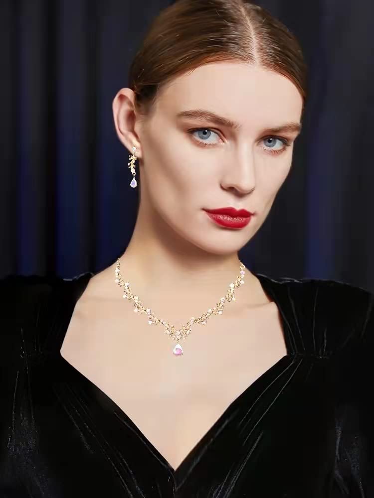 3Pcs Austrian Crystal Jewelry Set for Women, Necklace Dangle Earrings Link Bracelet Jewelry Set with Gold/Platinum/Gun Plated, Wedding Party Jewelry for Bridal Bridesmaid (Pink-Gold Plated)