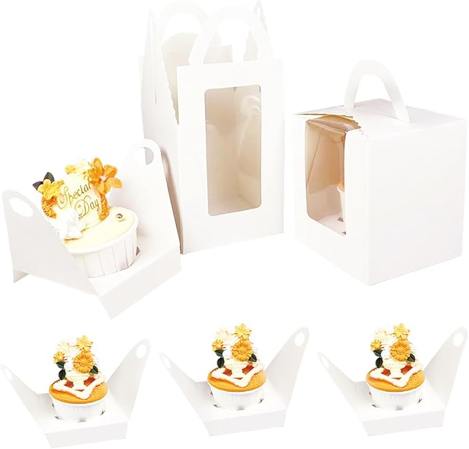 Bakepacker Auto-pop up Individual Cupcake Boxes with Window 25 Count White Single Cupcakes Box 3.7 x 3.7 x 4.3inch Cupcake Carrier