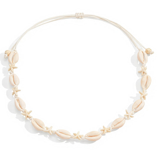 Nackiy Handmade Sea Shell Necklace Choker For Women Summer Adjustable Natural Shell Collar Necklace (Beige Shell&Starfish)