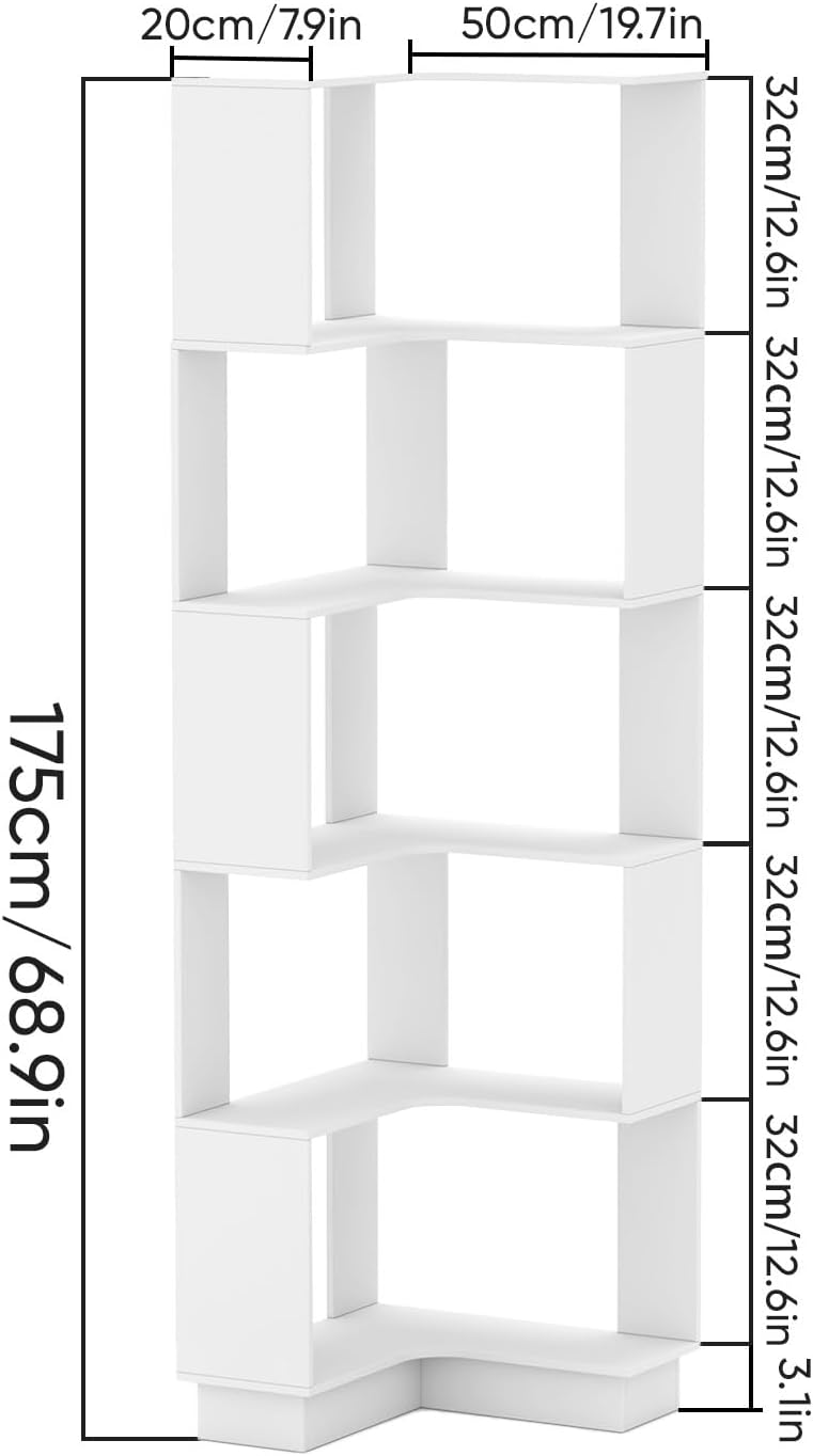 Corner Bookshelf, 68.9" Tall Wooden Corner Bookcase 5 Tiers L-Shaped Storage Freestanding Display Rack Large Open Bookshelf with Fixture for Living Room Bedroom Study Office (White)
