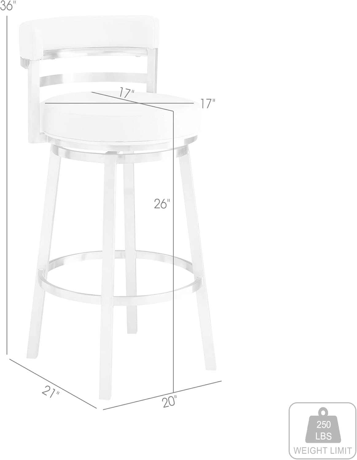 Armen Living Titana 26" Counter Height Swivel White Faux Leather and Brushed Stainless Steel Bar Stool