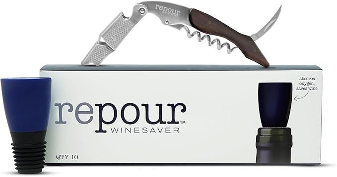 Repour Wine Essentials Combo Pack – Premium Corkscrew & Wine Saver | Manual Wine Key Removes Corks Easily, Wine Stopper Preserves Wine Easily|Perfect for Wine Lovers and Enthusiasts (Mahogany 10 Pack)