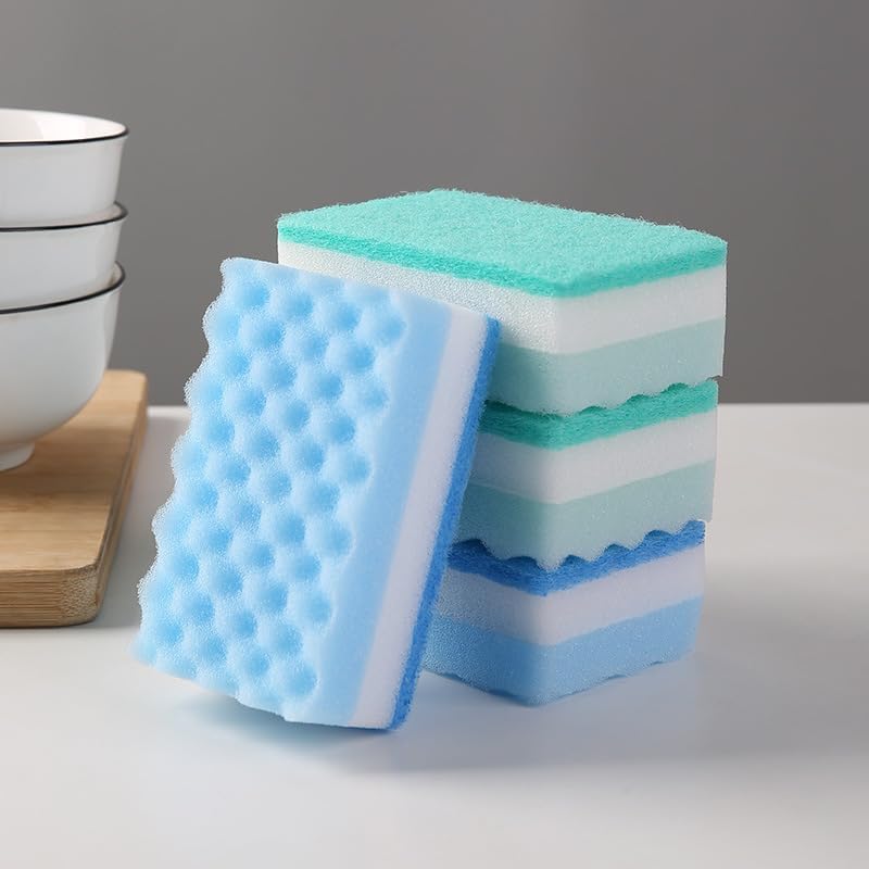 Non-Scratch Cellulose Scrub Sponge,Multipurpose Cleaning Scrubber, Dual-Sided Dishwashing Sponge for Kitchen (Blue & Green, Rectangle 4pcs)