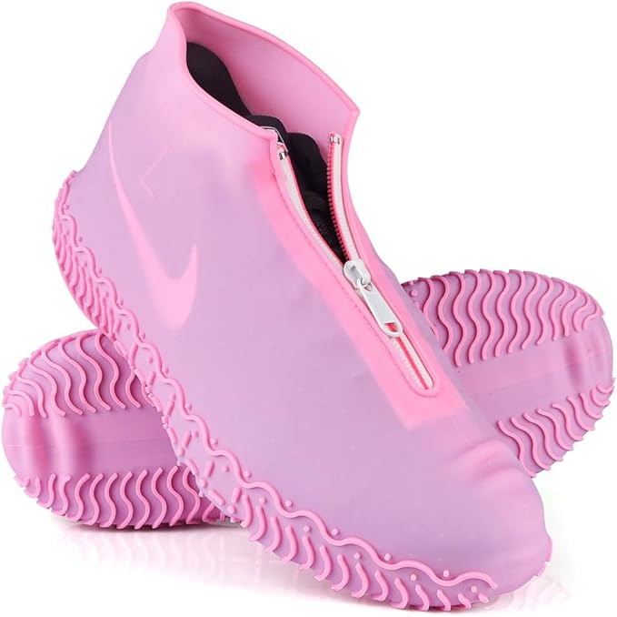 Waterproof Shoe Covers, Silicone Reusable Shoe Cover Non-slip Durable Zipper Elastic Rain Cover Protection for Men Women (L (Women 7.5-10.5, Men 6.5-9), Pink)
