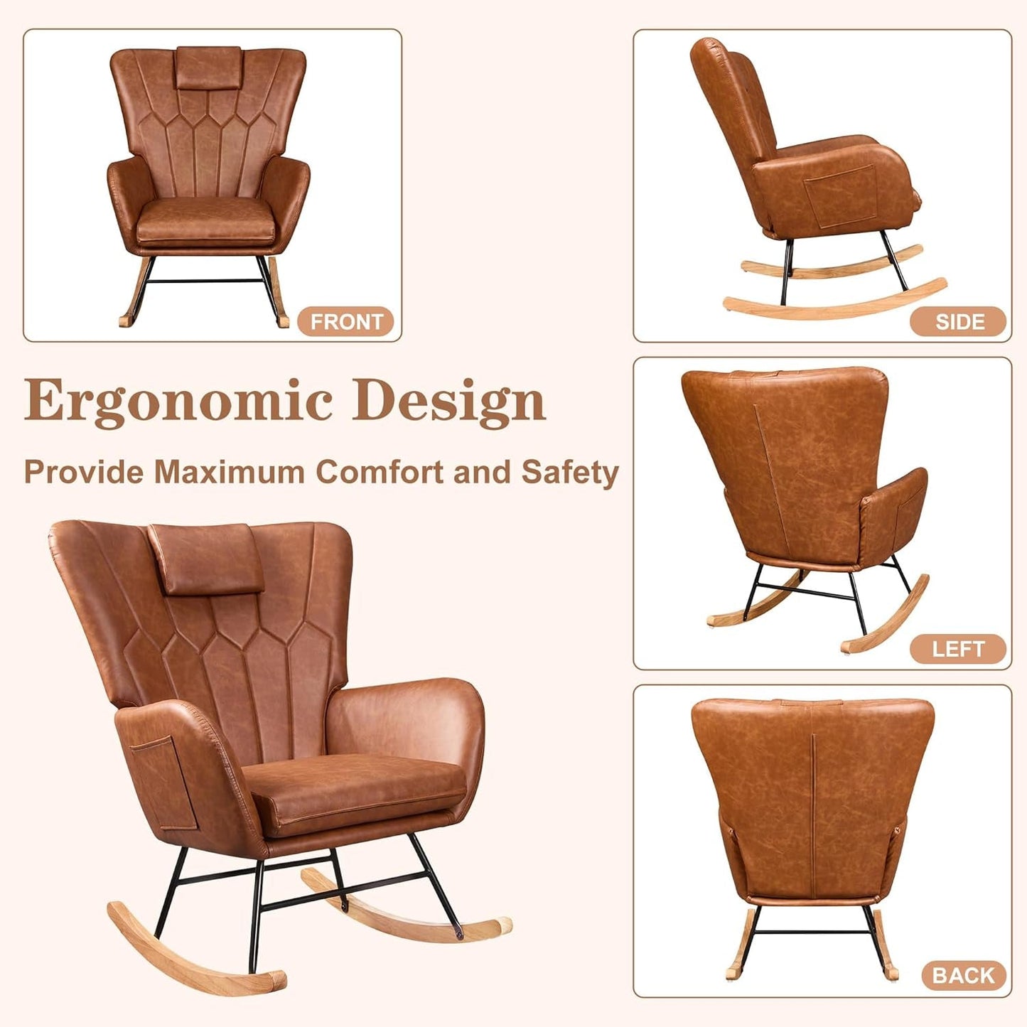 Rocking Chair Nursery with Thick Headrest, Modern PU Upholstered Reading Glider Rocker Accent Armchair with High Backrest, Padded Seat, Side Pocket, for Livingroom, Bedroom, Baby Room, Brown