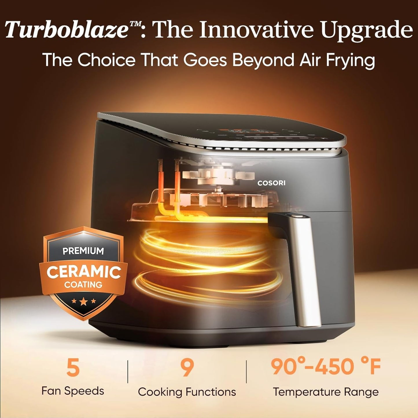 9-In-1 Turboblaze Air Fryer 6 Qt, Premium Ceramic Coating, 90°–450°F, Precise Heating for Even Results, Air Fry, Roast, Bake, Broil, Dry, Frozen, Proof, Reheat, Keep Warm, 120V, Dark Gray