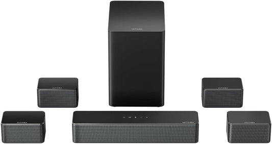 7.1Ch Soundbar with Wireless Subwoofer, Virtual Surround Sound System for TV, App Control, 410W Peak Power, Sound Bar for TV, 4 Wired Surround Speakers, Home Theater Sound System Poseidon D70