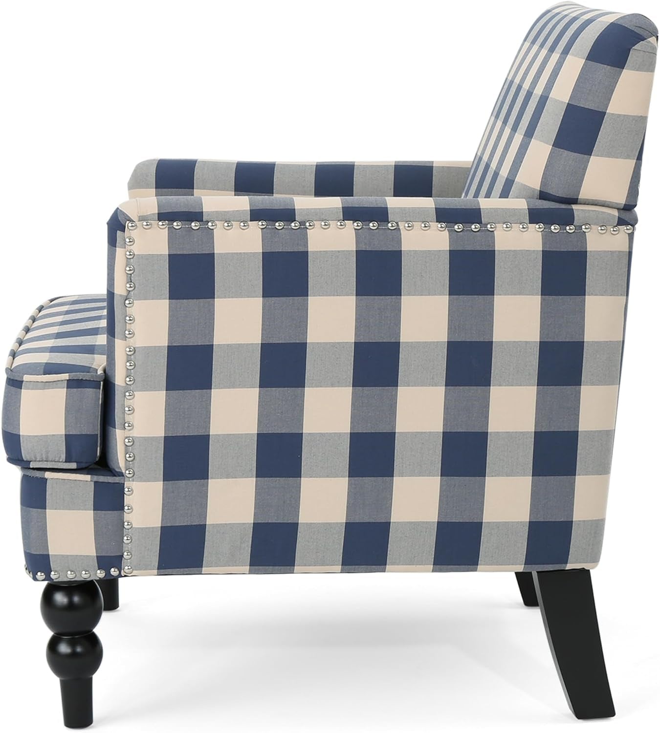 Eve Modern Upholstered Club Chair, Wooden Living Room Accent Chair, Comfy Bedroom Reading Chair, Multifunctional Armchair, Blue Checkerboard