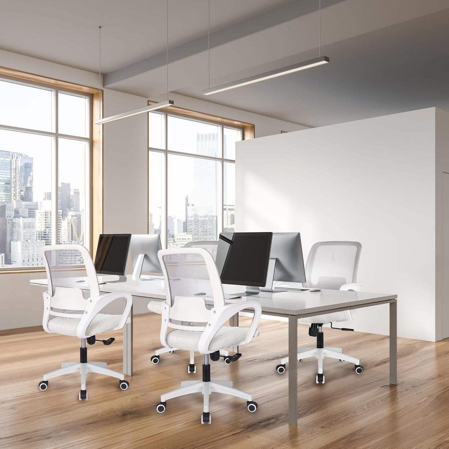 Office Desk Ergonomic Mesh Computer Chair with Lumbar Support Adjustable Height Swivel Rolling Wheels Comfy Mid Back Task Chair for Home Bedroom Vanity Study (Ivory)