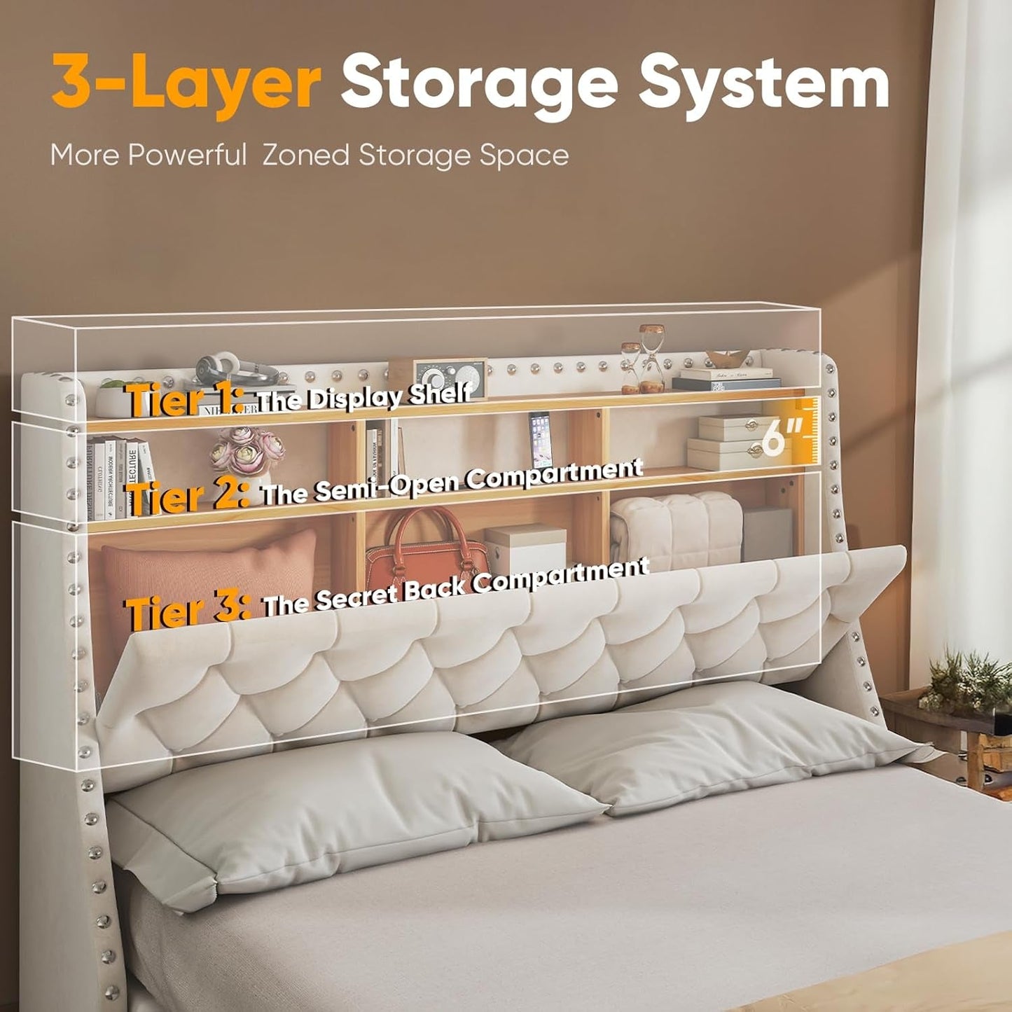 1000Lbs Heavy Duty Queen Size Bed Frame with 3-Tier Storage, Tall Wingback Headboard Upholstered Velvet Modern Platform Bed with Charging Station, No Box Spring Needed