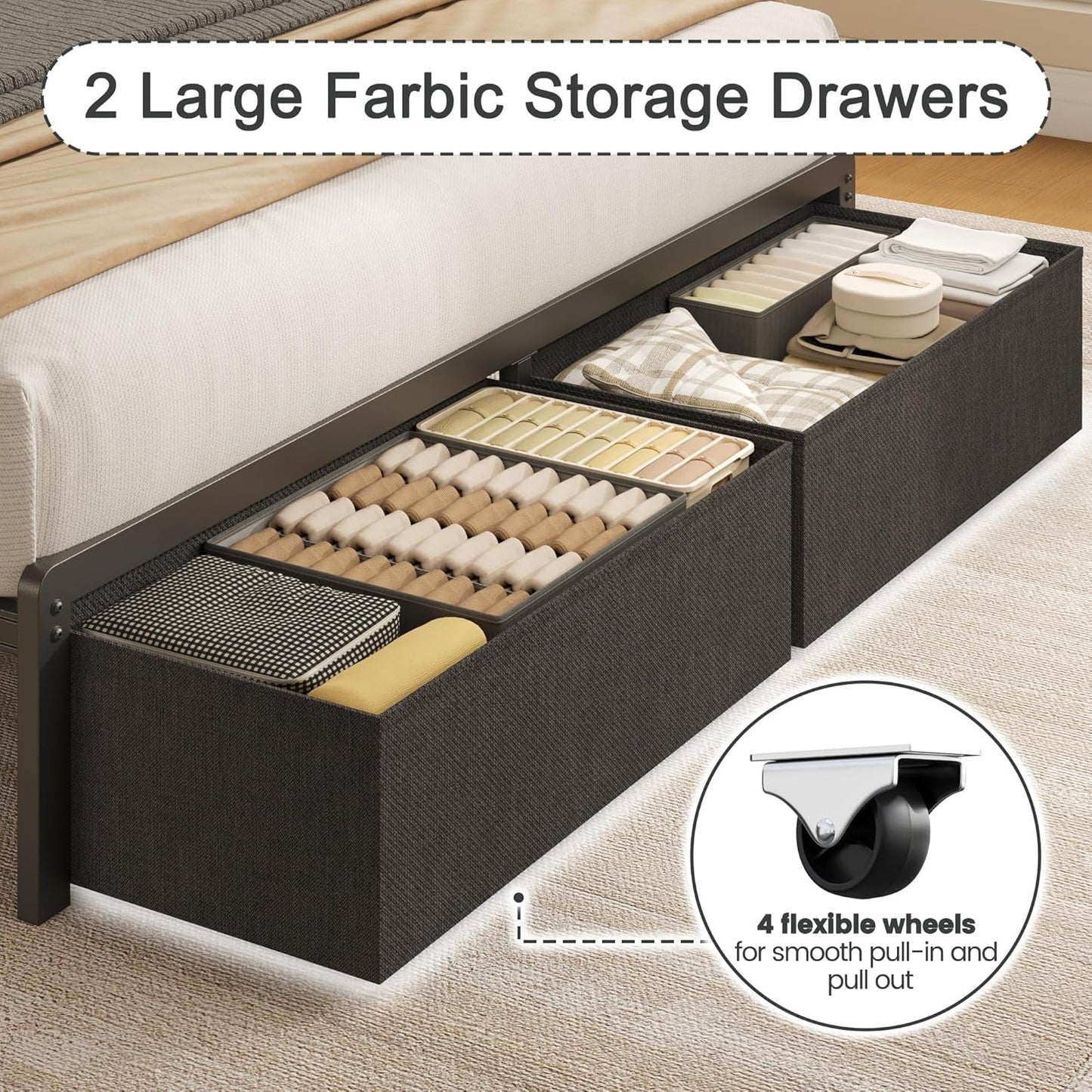 Queen Bed Frame with 2 Drawers, Upholstered Headboard with Storage and Charging Station, LED Lights, Fabric Drawers with Wheels, under Bed Storage, No Box Spring Needed, Easy Assembly, Grey
