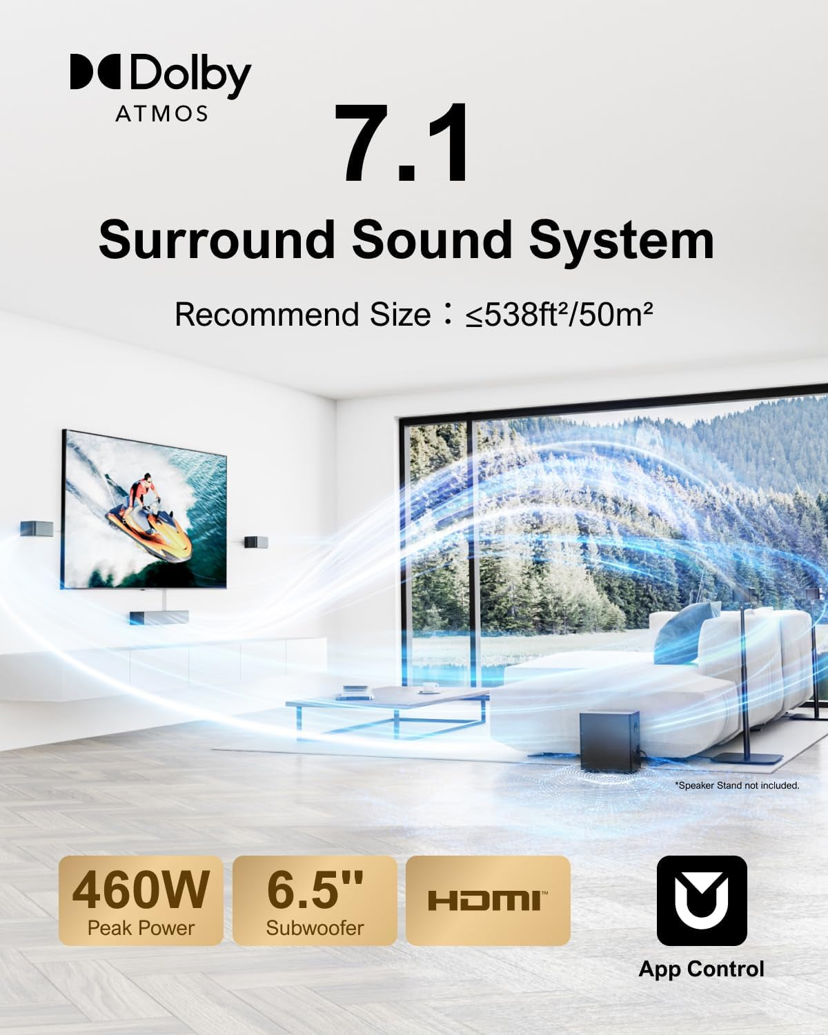 7.1 Surround Sound System for TV with Dolby Atmos, 460W Sound Bar for TV with 6.5" Subwoofer, APP Control, 4 Wired Surround Speakers, Home Theater Sound System, Poseidon D80 (2025 Upgrade)