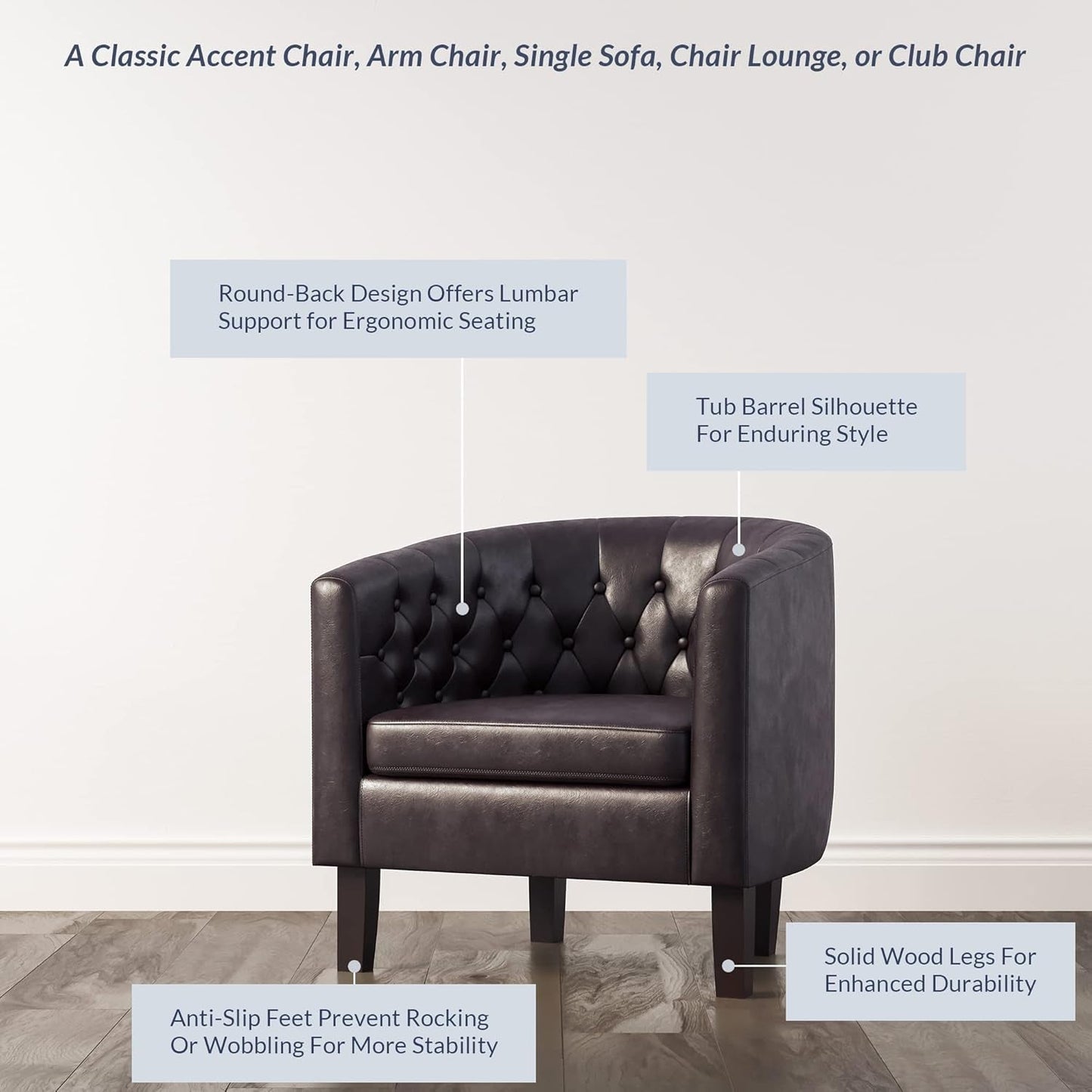Brown Accent Chairs for Living Room, Elegant Arm Chair Upholstered Tufted Barrel Chair Club Chair for Bedroom with Sturdy Legs and Faux Leather - Berlinda (Brown)