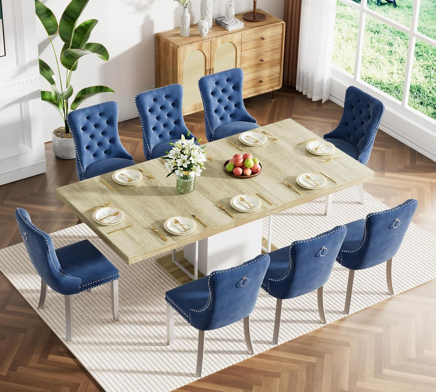 Extendable Dining Room Table Set for 8, 9-Piece Rectangle Kitchen Dining Room Table Set with Wood Base and 8 Blue Velvet Dining Chairs, Extending Kitchen & Dining Table Set
