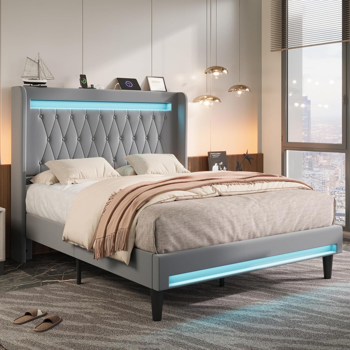 Upholstered Full Size Platform Bed Frame with LED Light and Charging Station, Button Tufted High Headboard, Wingback Design, Noise Free, Easy Assembly, No Box Spring Needed, Grey