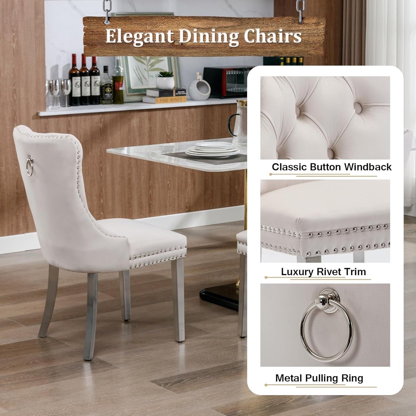 78.7" Farmhouse Extendable Dining Room Table Set for 8, 9-Piece Rectangle Kitchen Dining Room Table Set with Wood Base and 8 Beige Velvet Dining Chairs, Extending Kitchen & Dining Table Set