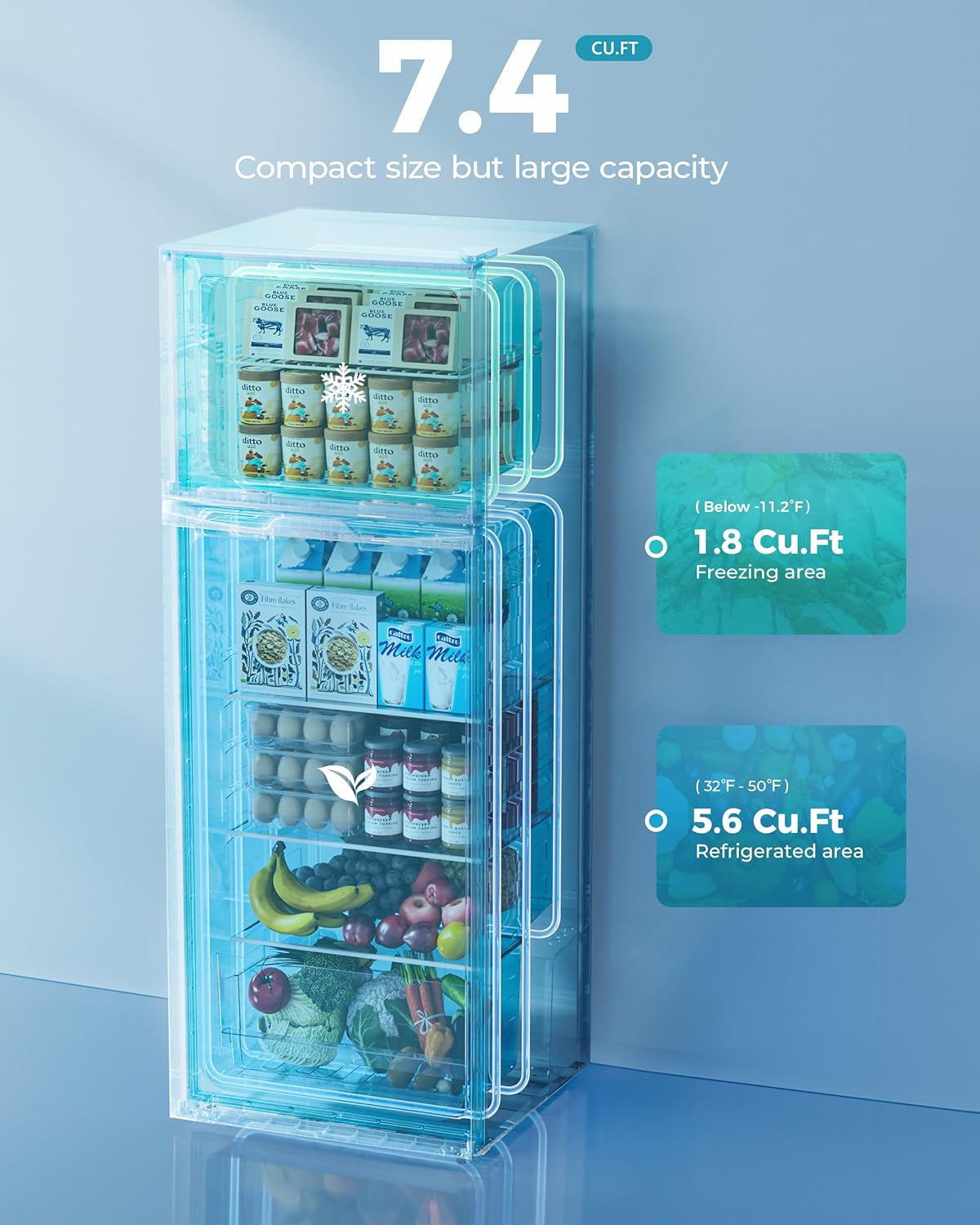 7.4 Cu.Ft. Refrigerator with Freezer, 2 Door Fridge, Large Capacity,Adjustable Thermostat, Refrigerator for Kitchen/Dorm/Apartment/Garage - Food Storage or Cooling Drinks, Silver