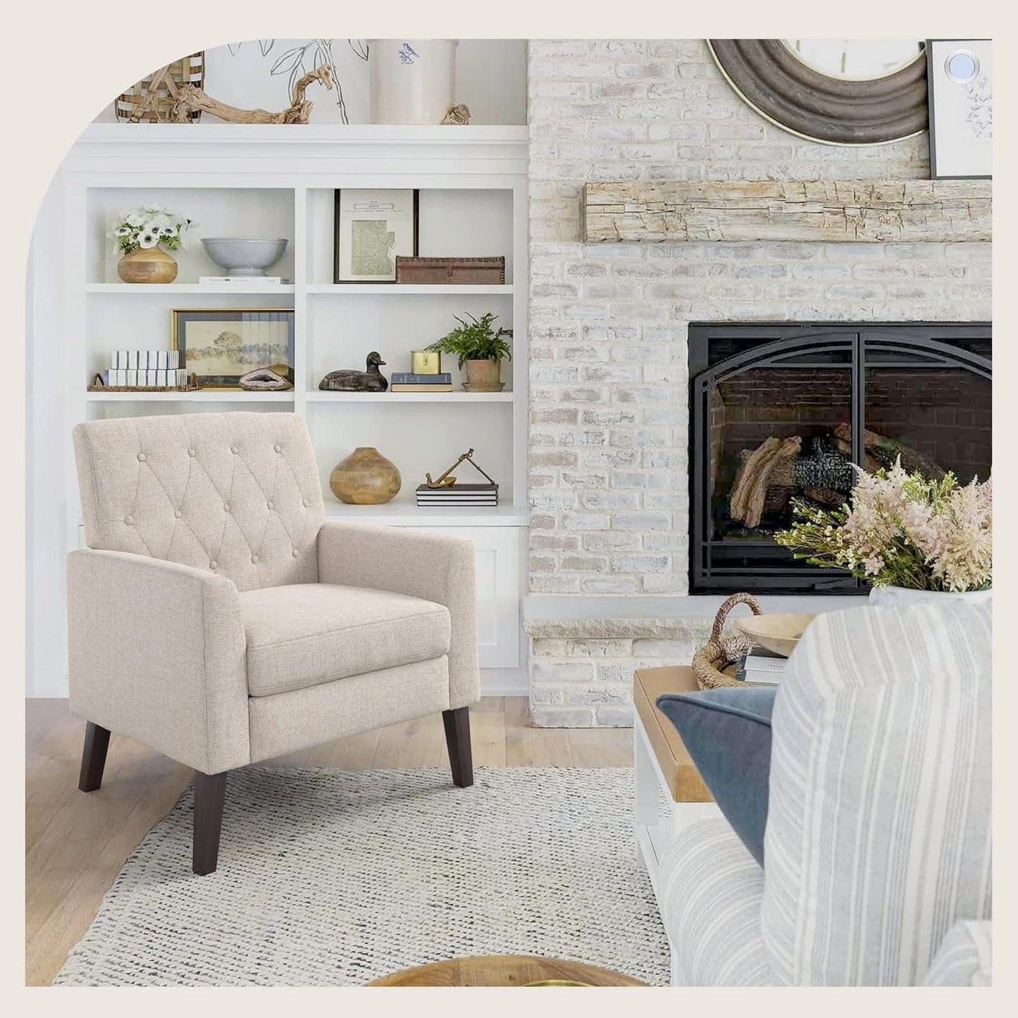 Linen Color Linen Accent Chair 18.5" H, Button Tufted Upholstered Modern Armchair, Comfy Living Room Chair with Arms, Arm Chairs for Living Room, Bedroom, Small Space