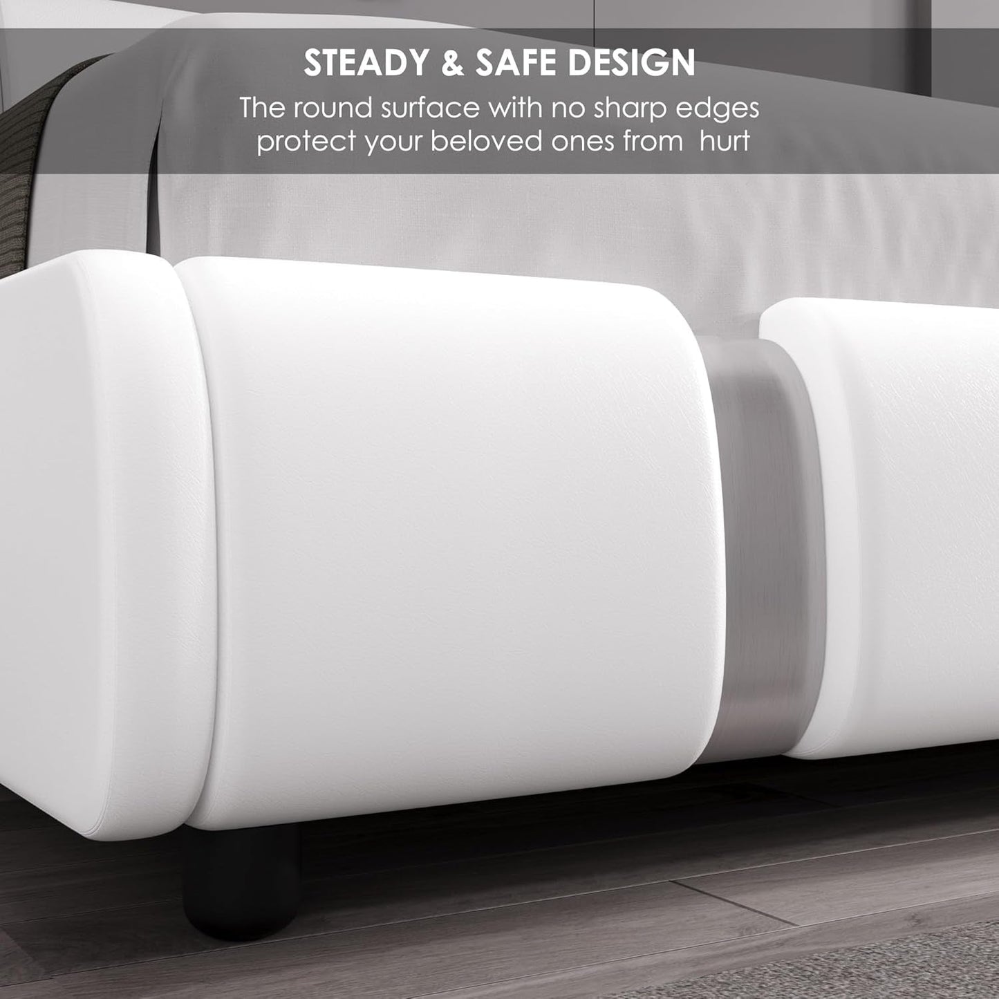 Modern Faux Leather Upholstered Platform Bed Frame with Mirror Metal Decoration Headboard, Curved Headboard, Wooden Slats Support, No Box Spring Needed, Queen Size, White