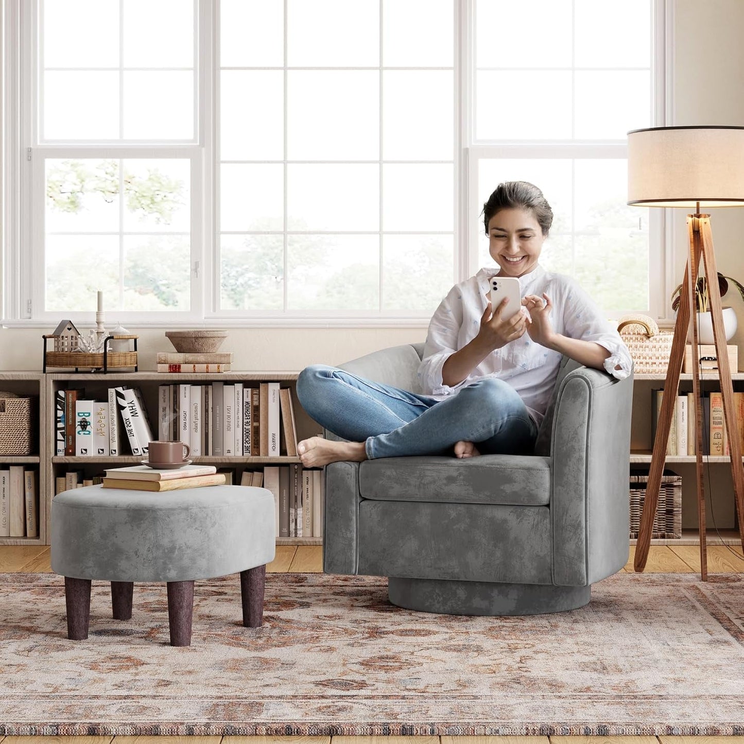 Swivel Accent Chair with Ottoman: Small Velvet Barrel Chair 360 Swivel Modern Armchair, Upholstered Reading Chair with Footrest for Living Room Bedroom Study Room (Grey)