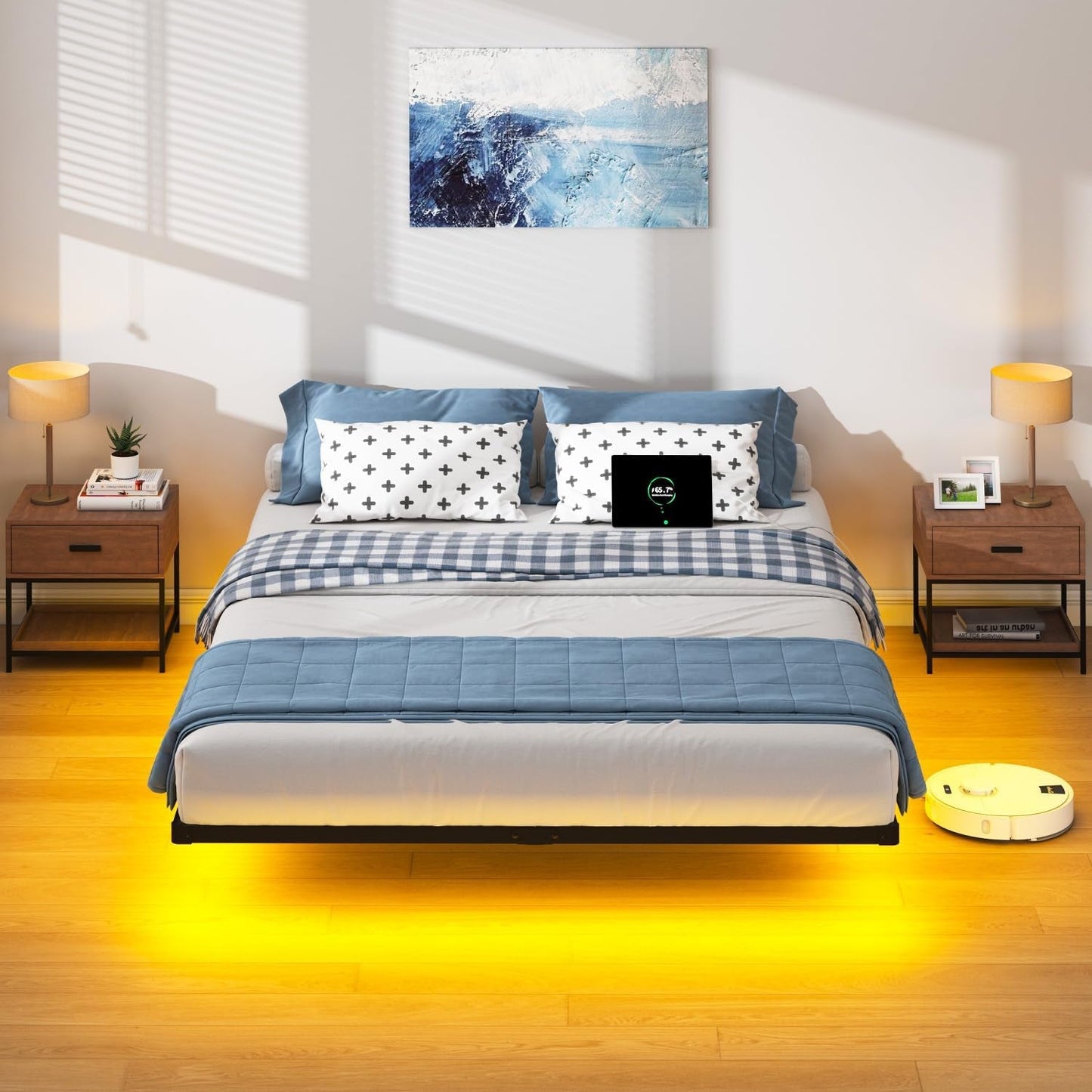 Floating Bed Frame Full with LED Lights and Charging Station - 8 Inch Platform Bed Frame No Box Spring Needed, Easy Assembly