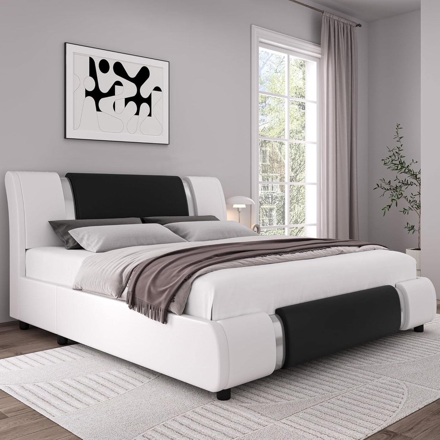 Modern Faux Leather Upholstered Platform Bed Frame with Mirror Metal Decoration Headboard, Curved Headboard, Wooden Slats Support, No Box Spring Needed, Queen Size, Whiteblack
