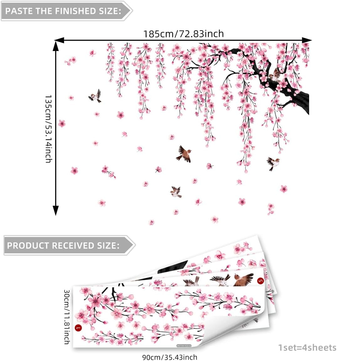 Large Cherry Blossom Tree Wall Decals Peel and Stick Pink Floral Wall Art Stickers for Living Room Bedroom Nursery Flower Decor