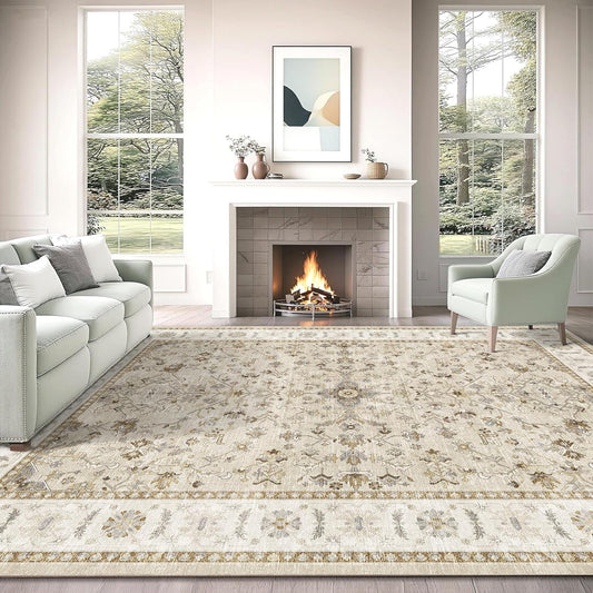 9X12 Washable Area Rug Vintage Floral Boho Living Room Rug - Ultra Soft Low Pile Indoor Farmhouse Rugs for Bedroom Dining Room,Foldable Non-Slip Thin Home Office Large Carpet Retro Beige Cream