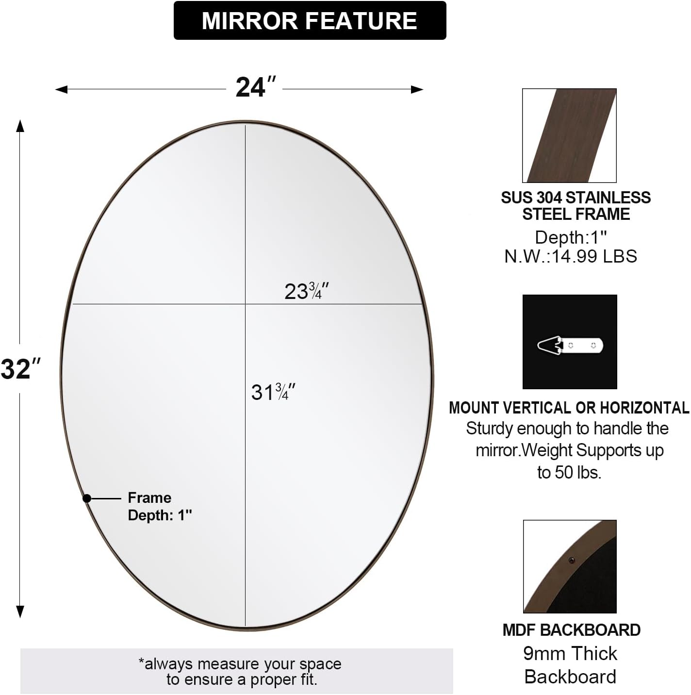 ANDY STAR Bronze Bathroom Mirror, 24x32 Inch Brushed Bronze Oval Mirror for Wall, Modern Bronze Mirror for Bathroom with Stainless Steel Metal Frame, Wall Mount Horizontal or Vertica