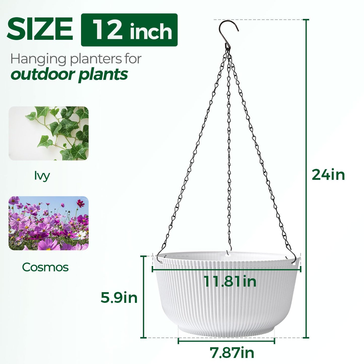 T4U 12 Inch Large Hanging Planters for Indoor Plants, 2 Pack Self Watering Pots Indoor, Hanging Baskets for Plants,Hanging Flower Pot with Drainage Hole and Plant Hanger, White