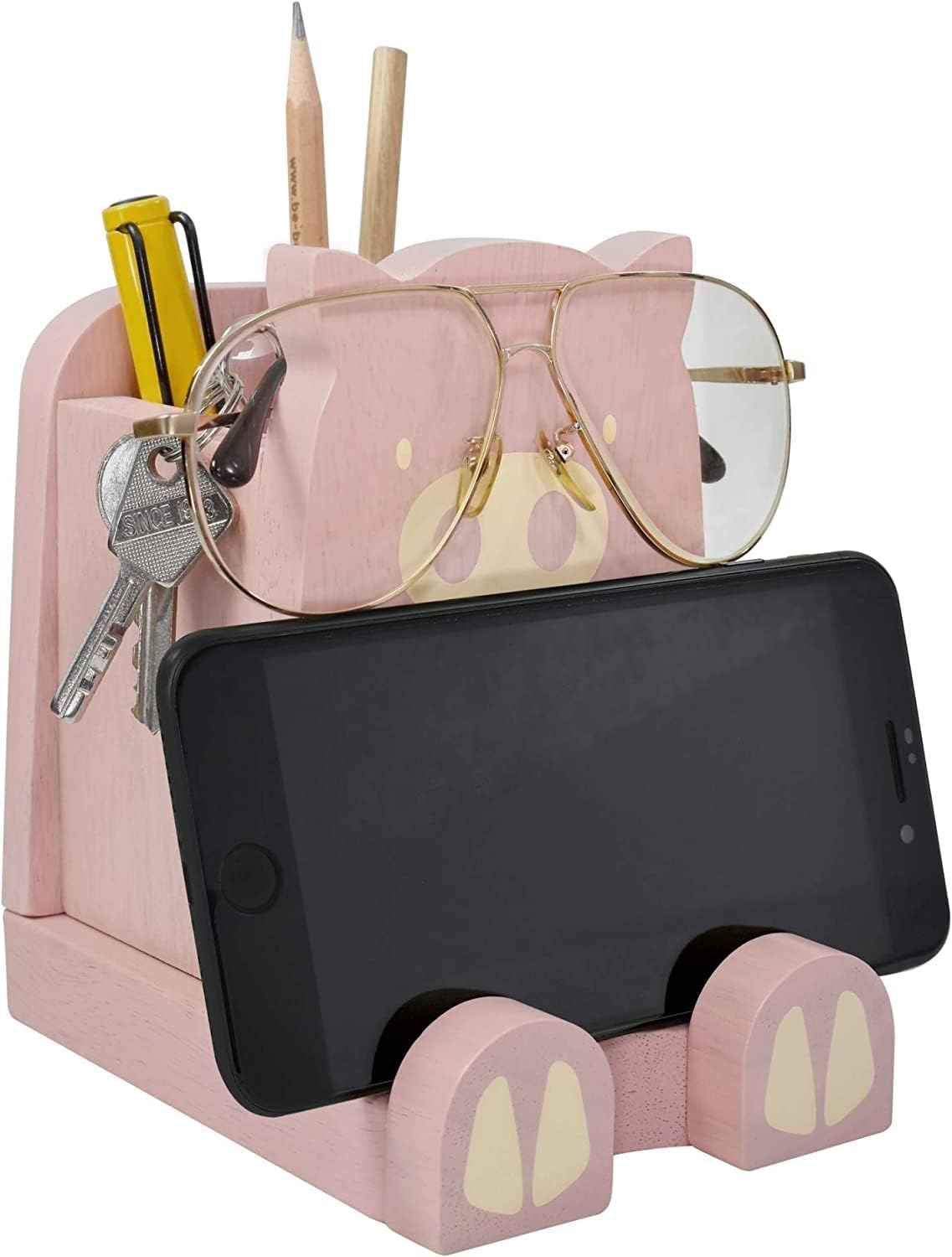 Wood Multipurpose Eyeglass Phone Pen & Pig Pencil Holder Stand Stationery Desk Box Organizer Accessories Decor, Home Office Desktop Decoration Birthday Graduation Gifts “Dream Big Aim High” (Piggy)
