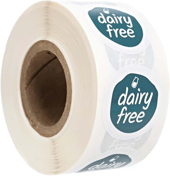 Blue Dairy Free Stickers / 500 Small 1" White Gloss Circle Labels/Chic Teal Lactose Free Food Safety Seals with Modern Aesthetic/Made in The USA
