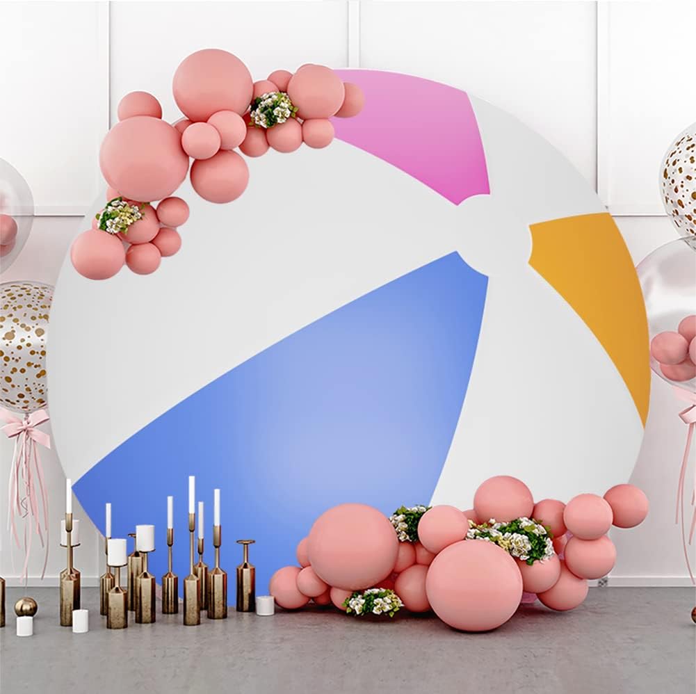 Leyiyi 6.5x6.5ft Beach Ball Round Backdrop Cover Polyester Swimming Pool Ball Backdrop for Pool Party Summer Beach Ball Decoration Newborn Kids Birthday Party Cake Table Banner Photo Booth Props