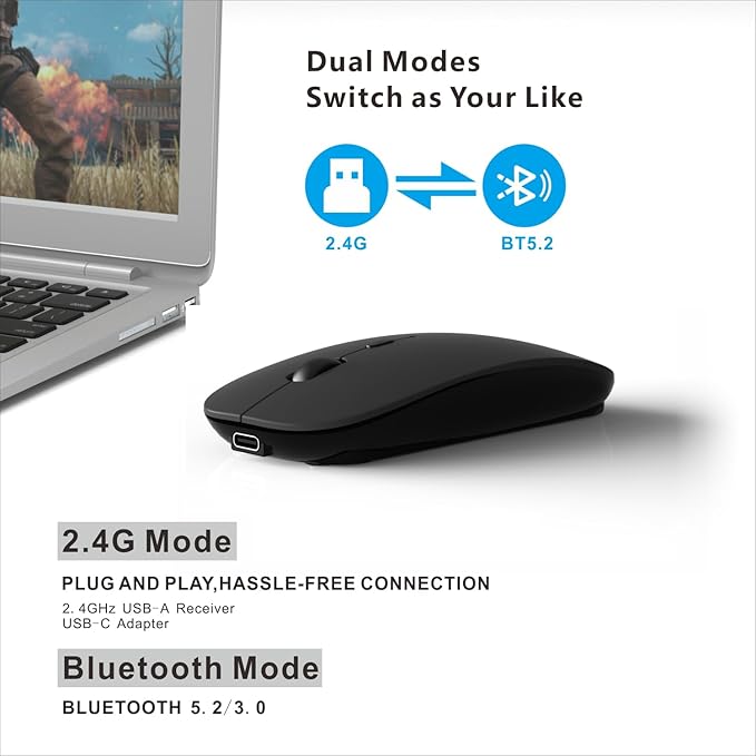 HOTDREAM Bluetooth Wireless Rechargeable Mouse for MacBook Pro/Air/iPad Air/iPad Pro/Laptop/Tablet/iPhone/PC, Bluetooth 5.2/3.0 and 2.4GHz Dual Mode Mouse (Black)