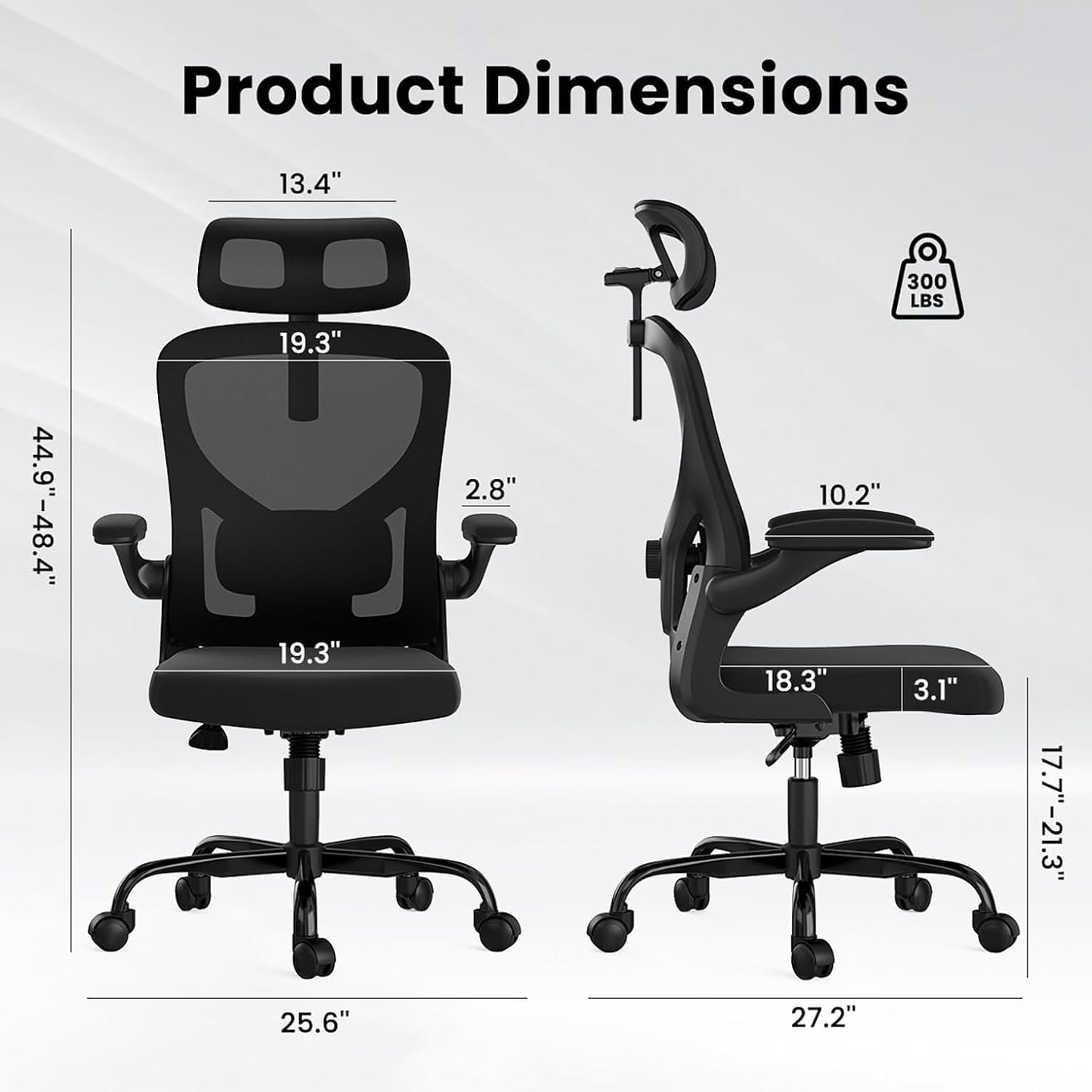 Ergonomic Office Chair, Comfy Home Office Chair High Back Computer Chair with Headrest, Adjustable Back Support, Flip-Up Arms, 90-120° Tilt and Wide Cushion, Up to 300lbs,Black