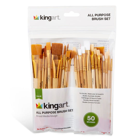 KINGART 50-Piece Paint Brush Set, Acrylic, Oil, Watercolor Gouache Paints, Face & Nail, Miniature Detailing & Rock Painting