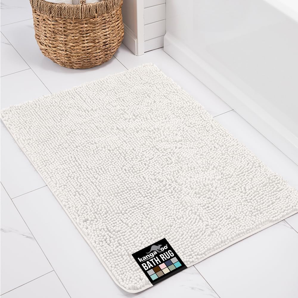 KANGAROO Bathroom Rugs, Chenille Soft Absorbent Bath Rug, Shaggy Shower Mat, Quick Dry Machine Wash Bathmat, Plush Carpet Mats for Tub, Bathtub and Room Home Decor Accessories, 30x20, White