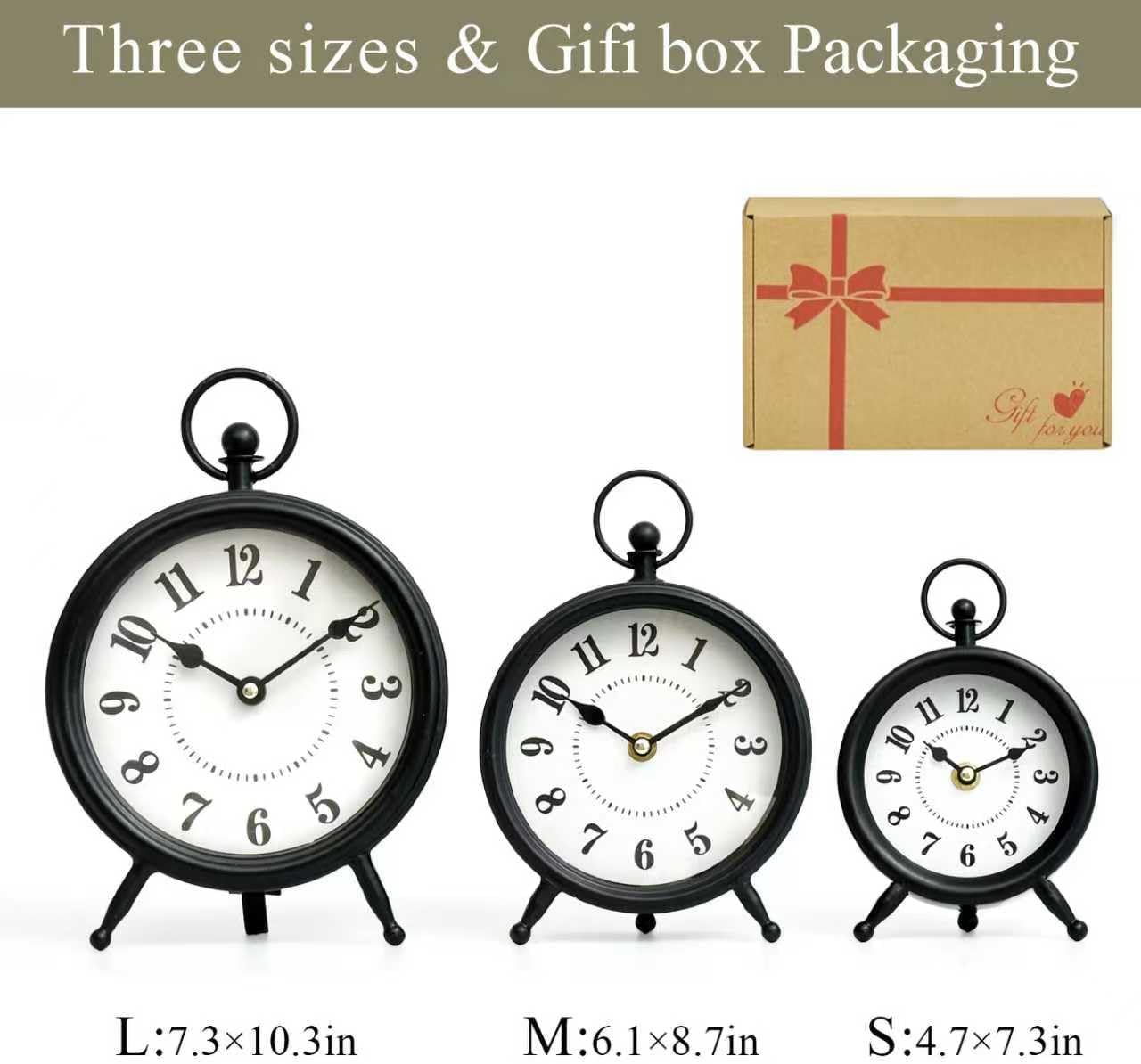 Vintage Black Table Clock on Stand, Decorative Desk and Shelf Clock, Rustic Mantel Clock Farmhouse Clock Non-Ticking