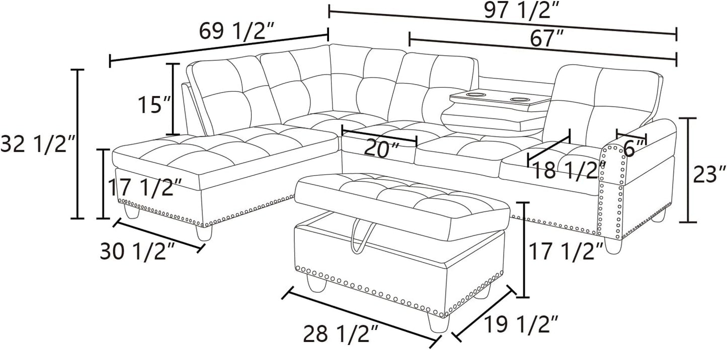 L Shaped Sectional Sofa with Ottoman, Nail-Head Design Leather Right Facing Modern Couches with Cup Holder for Living Room, Bedroom, Office, Black Leather