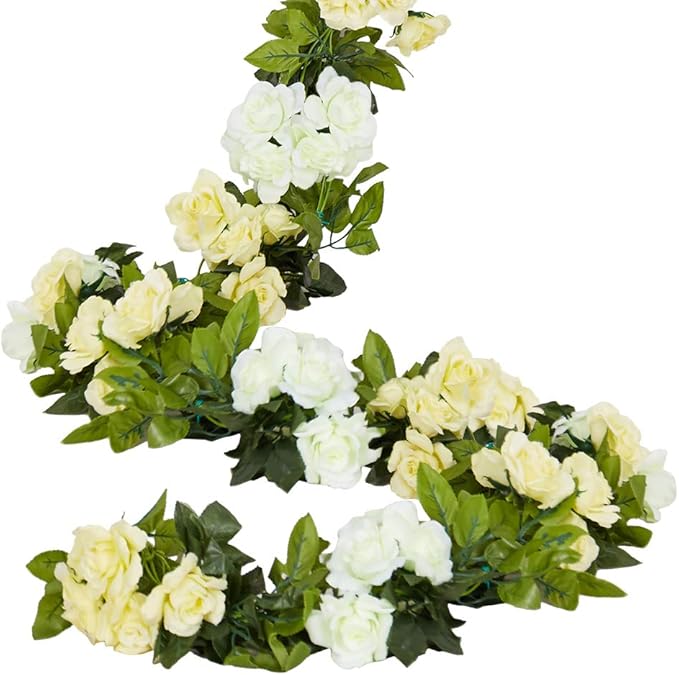 4 Pack Artificial Flower Garland Silk Roses Vines Fake Flowers Garland with Flowers Hanging Flowers Garlands for Wedding Arch Room Decoration 7.2 Ft (White)