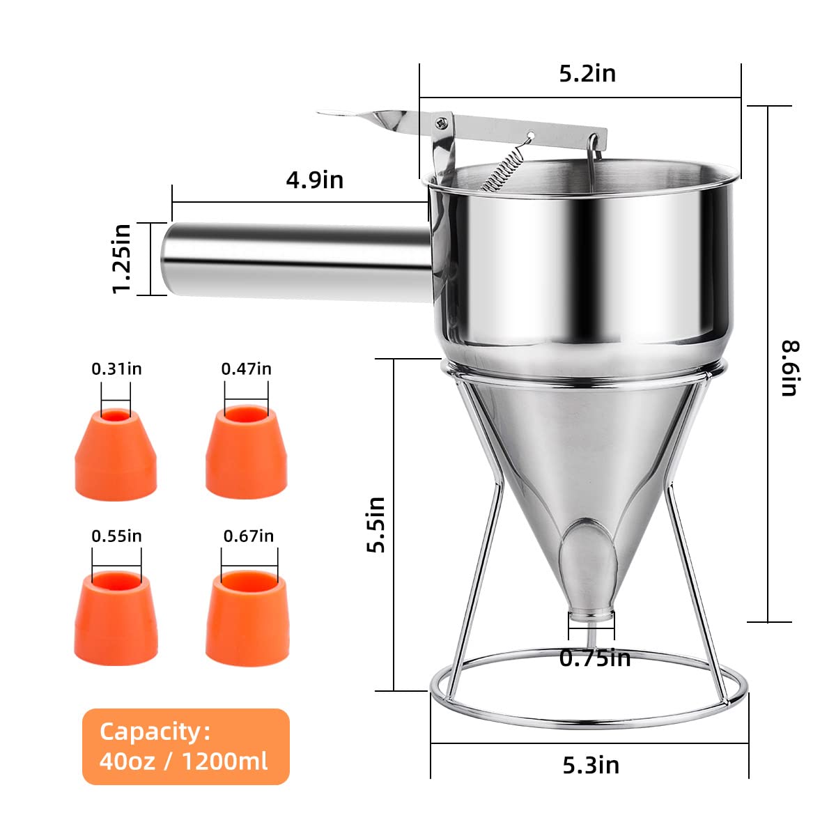 Choxila 40oz Pancake Batter Dispenser, Stainless Steel 4 Caliber Funnel Cake Dispenser with Stand Great for Pancakes, Cupcakes and Baked Goods