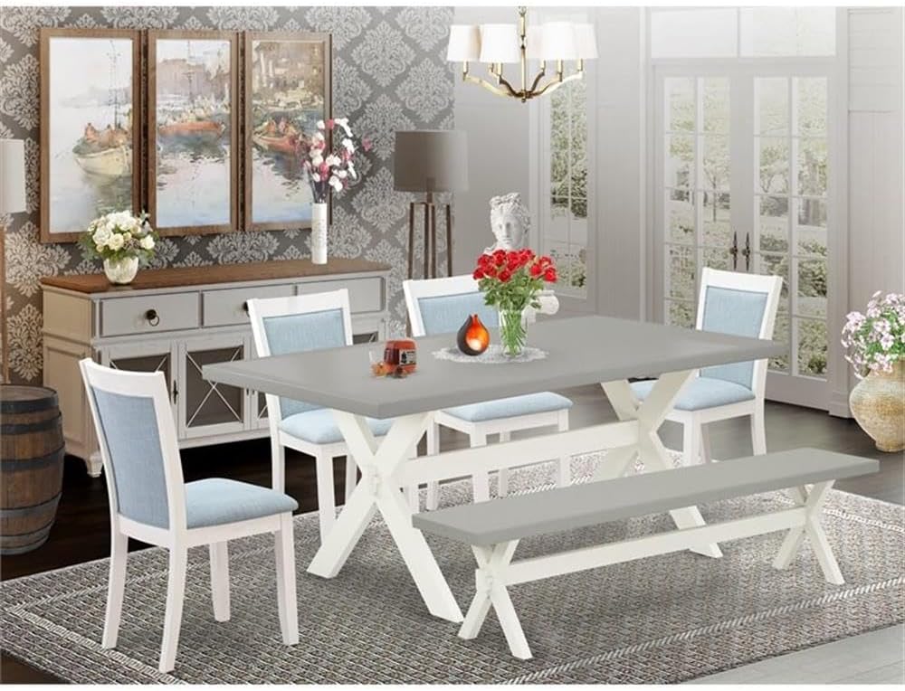 East West Furniture X097MZ015-6 6 Piece Dining Room Table Set Contains a Rectangle Kitchen Table with X-Legs and 4 Baby Blue Linen Fabric Parson Chairs with a Bench, 40x72 Inch, Multi-Color
