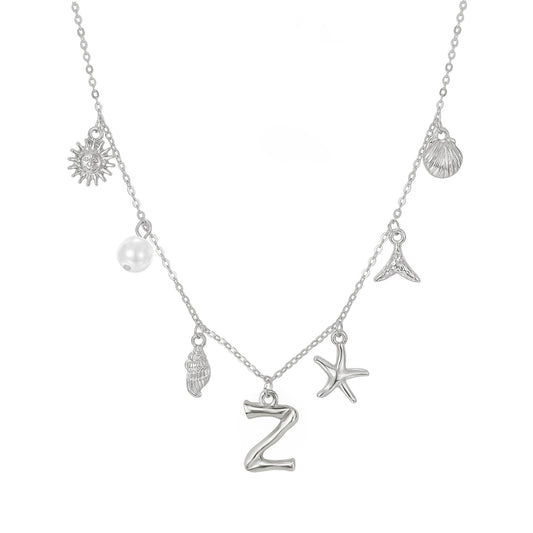 JALZEMPL Initial Charm Necklace For Women Seashell Shell Letter Boho Summer Beach Starfish 14k Gold Plated Silver Pendant Surfer Jewelry Gifts (Z,Silver)