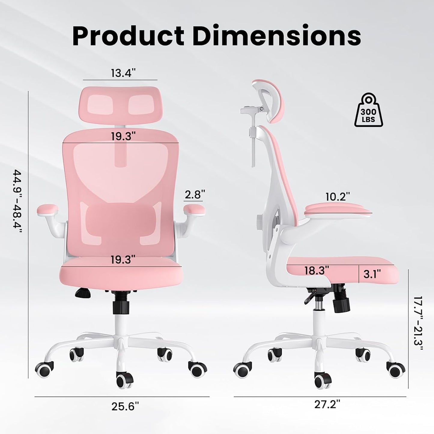 Ergonomic Office Chair, Comfy Home Office Chair High Back Computer Chair with Headrest, Adjustable Back Support, Flip-Up Arms, 90-120° Tilt and Wide Cushion, Up to 300lbs, Pink+White