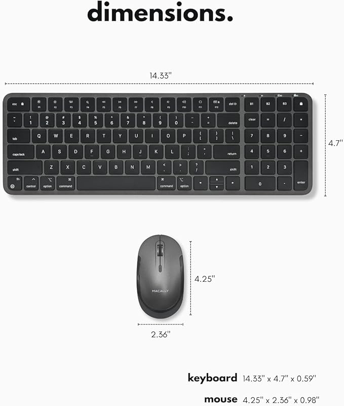 Macally Bluetooth Mac Keyboard and Mouse (Compact, Multi Device, Rechargeable) - Wireless Apple Keyboard and Mouse Combo - for Mac mini/Studio, MacBook Pro/Air, iMac, iPad, iPhone - Space Black