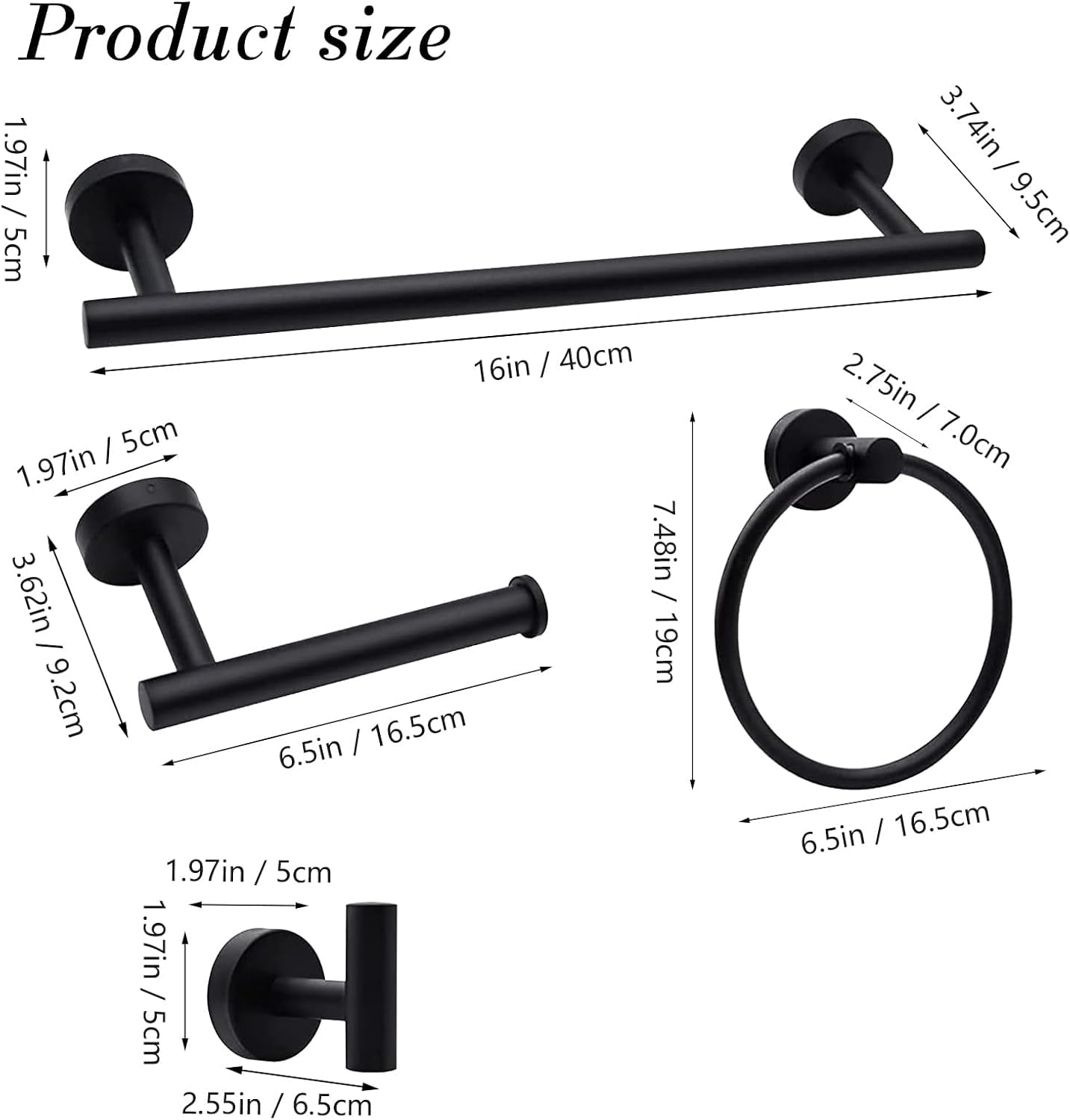 Bathroom Hardware Towel Bar Set - Matte Black Bathroom Accessories Set - Including 16" Hand Towel Bars - Toilet Paper Holders - Towel Rings - Robe Towel Hooks