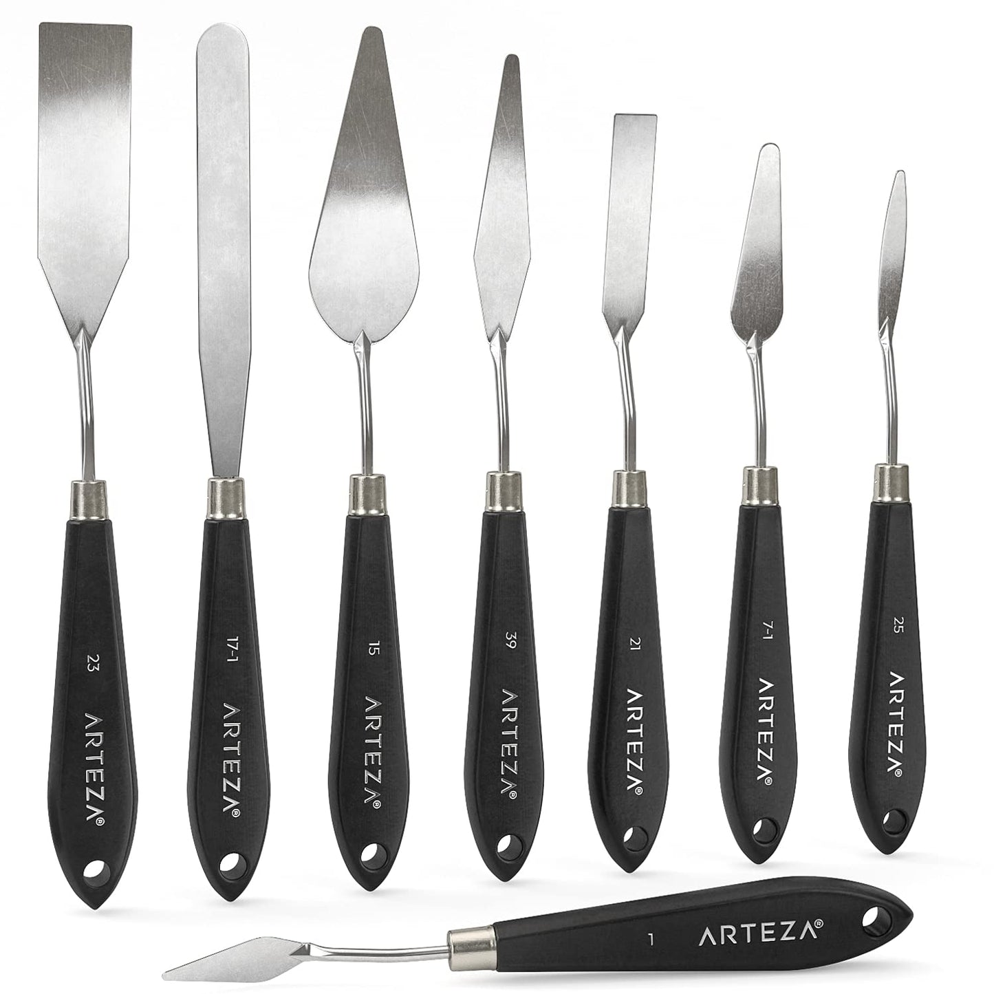 Arteza Palette Knives 8-Pack, Sizes No. 1, 25, 7, 15, 39, 23, 17, 21, Durable Stainless Steel Blade & Break-Resistant Wooden Handle, Art Supplies for Oil & Acrylic Painting