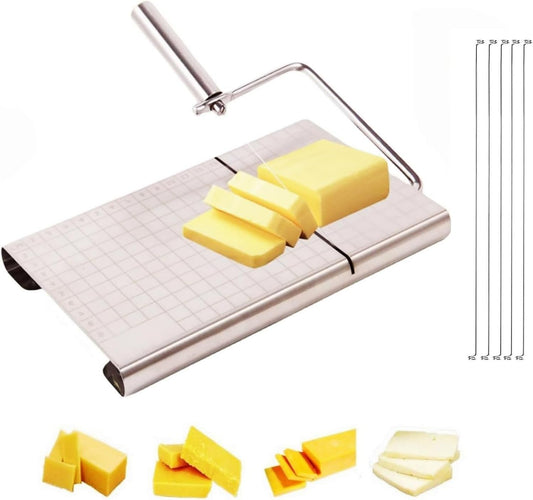 Direvcdro Stainless Steel Cheese Slicer with 5 Replacement Wires Adjustable Cheese Cutter and Cutting Board - For Block Cheese with Precision Scale for Gadget，Charcuterie etc