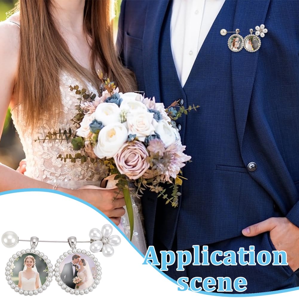 UNICRAFTALE 2 Sets Wedding Bouquet Photo Brooch Charms Rhinestone Bride Pin with Round Glass Cabochons Platinum Memorial Crystal Bride Gift Pearl Floral Bouquet Charms for Friend Bridal Shower Gift
